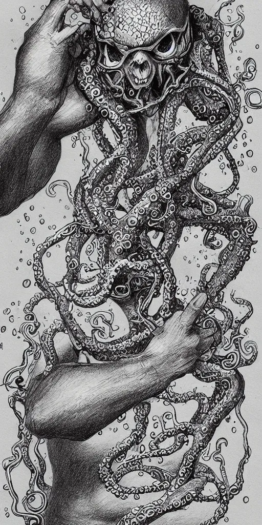 Prompt: high detailed drawing a man with the head of a broken egg, with arms of tentacles. He has a knife in his hand and splatters micro droplets, disney style