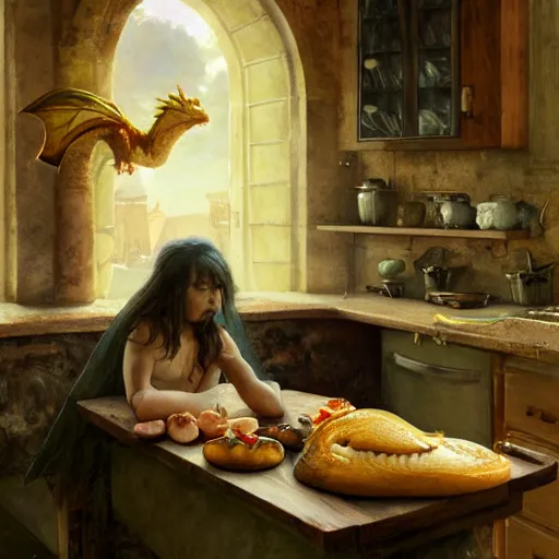 Prompt: prompt Sweet dragon, sleeping on the kitchen counter of a magical bakery, oil painting, by Fernanda Suarez and Edgar Maxence and greg rutkowski