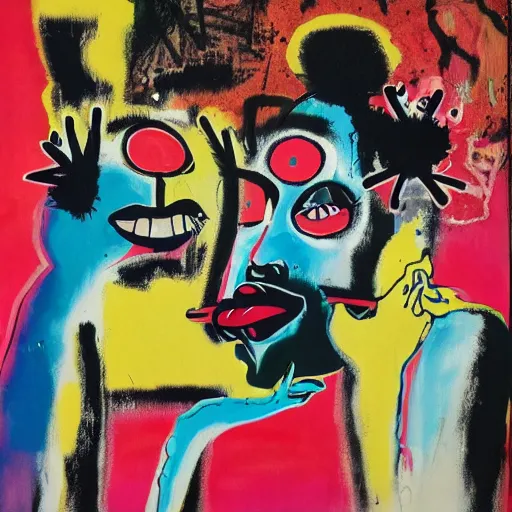 Image similar to acrylic painting of two bizarre psychedelic goth women kissing in japan in a lot of trouble, speculative evolution, mixed media collage by basquiat and jackson pollock, maximalist magazine collage art, sapphic art, psychedelic illustration