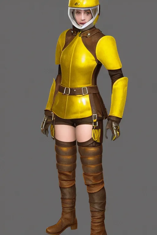 Image similar to female adventurer in tight full - body canary yellow gambeson leather armor of italian design with diamond pattern and brown leather accents and a closed armet helmet with visor down, trending in artstation, establishing shot