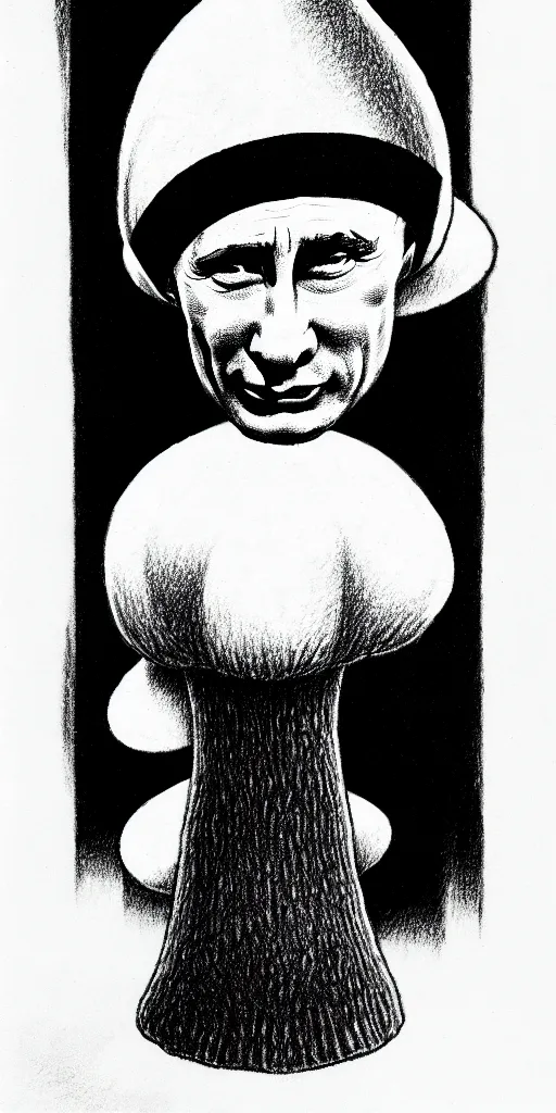 Image similar to vladimir putin with a nuclear mushroom cloud ushanka, cartoonish, ultra detailed pencil drawing