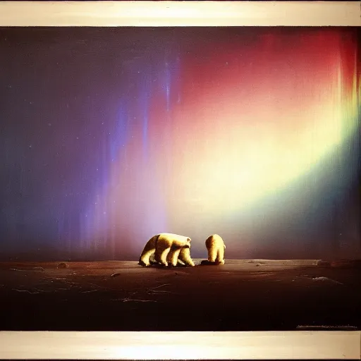 Image similar to the epic abstract painting'blue arctic void with black and red aurora borealis above a tiny polar bear family ', by caspar david friedrich!!!, by rothko!!!, stunning masterpiece, trending on artstation