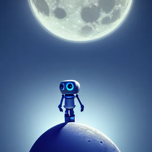 Prompt: blue godot robot ponders looking up at the moon, thinking, lunar beauty, atmospheric scattering, vray