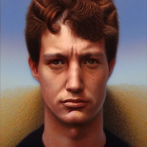 Image similar to a head - on portrait of a 2 0 - something engineering student, brown messy hair, by wayne barlowe