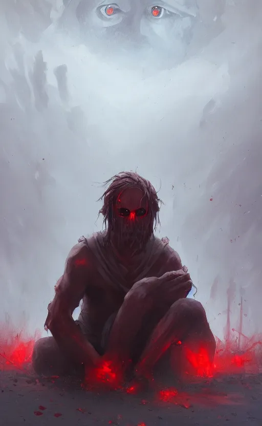 Prompt: a painting of a creepy man with red eyes sitting on the ground, an ultrafine detailed painting by noah bradley, trending on cgsociety, fantasy art, apocalypse art, concept art, hellish background