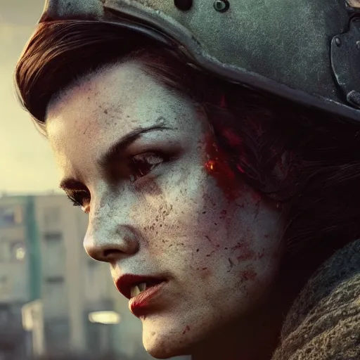 Image similar to fallout 5, charismatic beautiful rugged brunette female protagonist, portrait, outdoors ruined cityscape, atmospheric lighting, painted, intricate, volumetric lighting, beautiful, daytime, sunny weather, slight overcast, sharp focus, deep colours, ultra detailed, by leesha hannigan, ross tran, thierry doizon, kai carpenter, ignacio fernandez rios