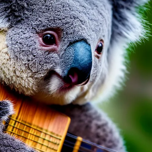 Image similar to a koala playinga guitar, modelsociety, radiant skin, huge anime eyes, rtx on, perfect face, directed gaze, canon, symmetric balance, polarizing filter, photolab, lightroom, 4 k, dolby vision, photography award