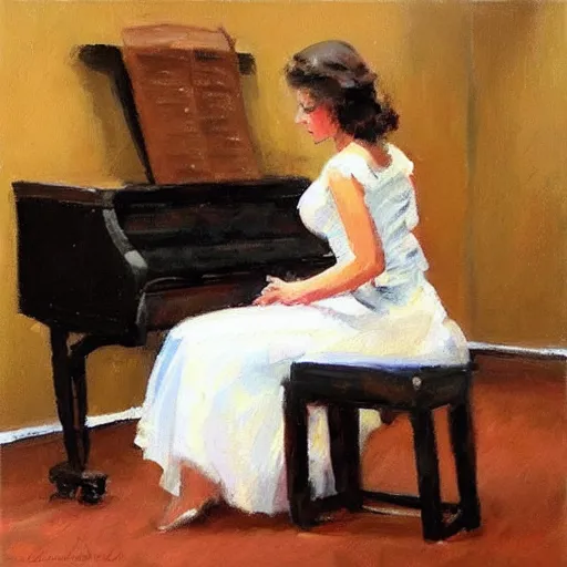 Image similar to a painting of a woman playing a piano, an acrylic painting by Raymond Leech, featured on pinterest, figurative art, oil on canvas, acrylic art, art on instagram