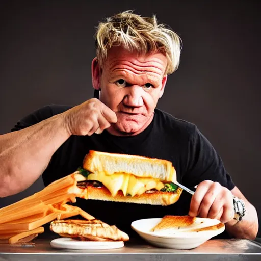 Prompt: Gordon Ramsay making a grilled cheese sandwich, professional still photograph, studio lighting