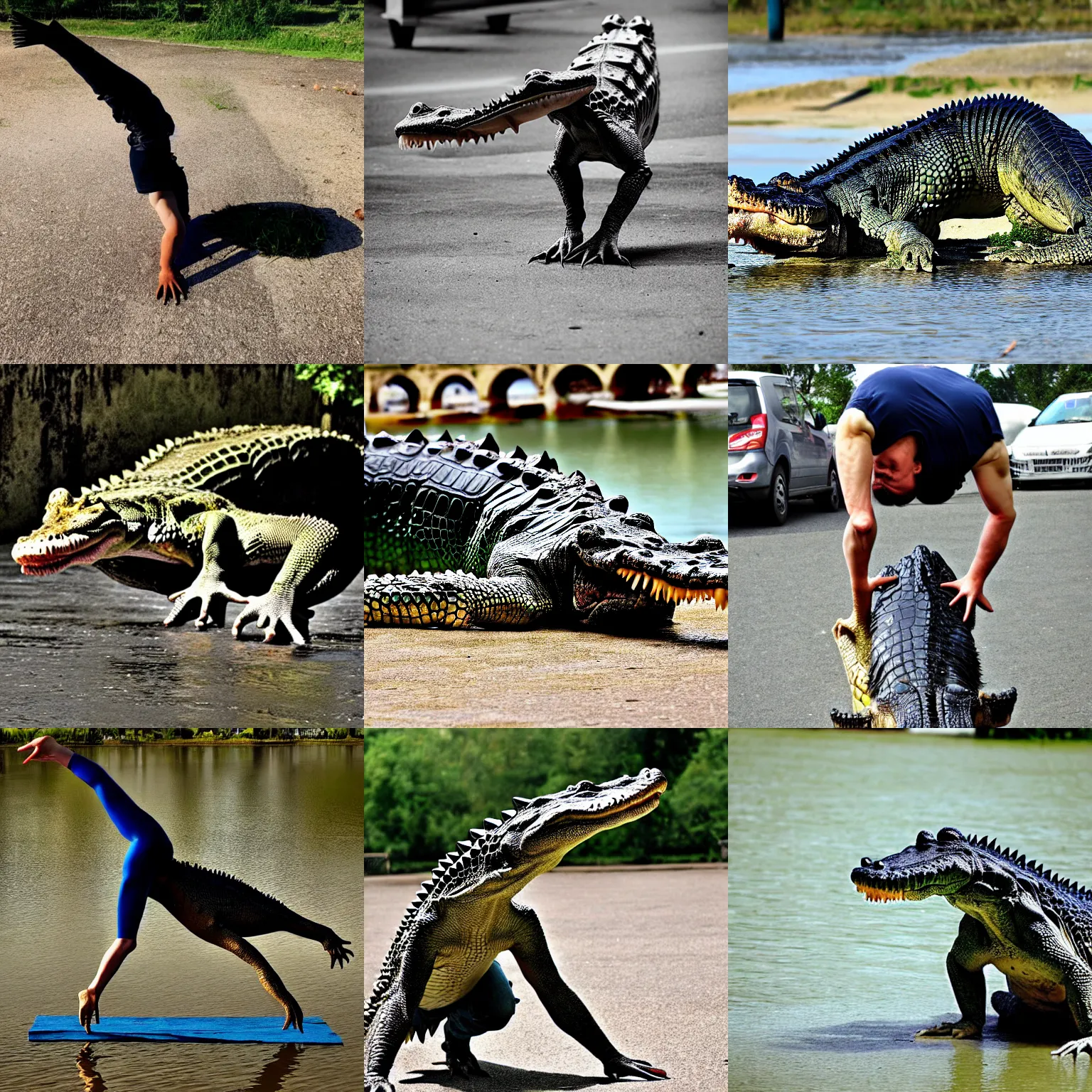 Prompt: crocodile handstand real photo