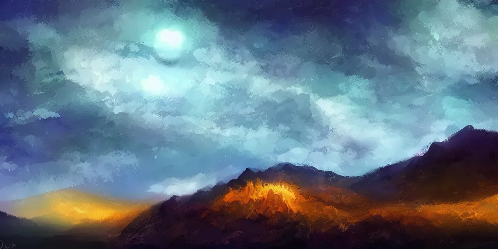 Prompt: willem dafoe, mountain landscape, night sky, digital art, digital painting, celestial, majestic, colorful