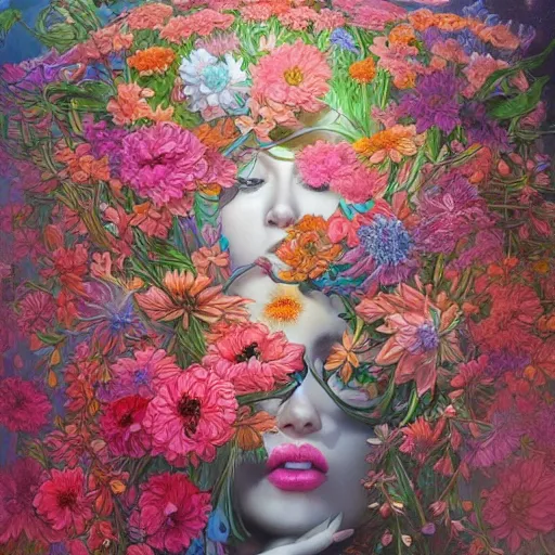 Image similar to a wild group of huge flowers, flowers with very long petals, glowing, vivid, detailed painting, by James Jean and Ross Tran, masterpiece, award winning painting