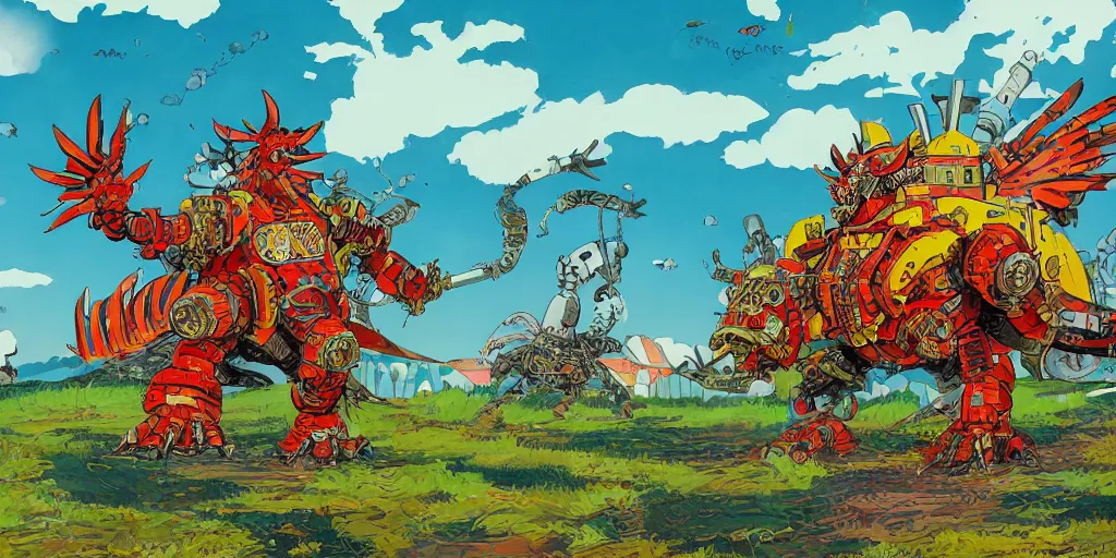 Image similar to colorful illustration of a fully armoured mechanical fighting rooster kaiju in a farm, by hiroaki ando, hajime katoki, shuhei morita, katsuhiro otomo, dieselpunk, howl's moving castle color scheme, detailed