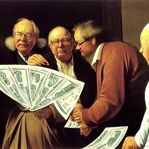 Prompt: Warren Buffet holding dollar bills looking at a line graph. Painted by Caravaggio, high detail