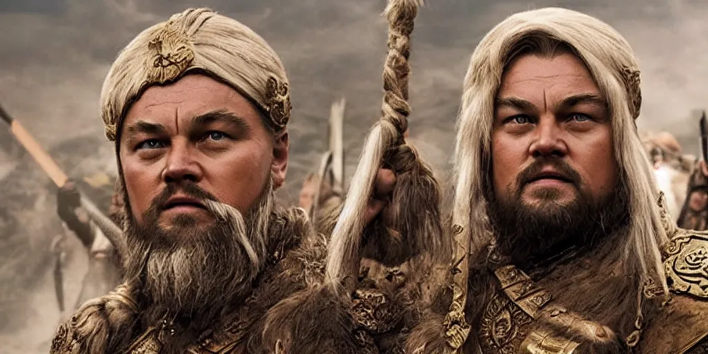 Image similar to Leonardo DiCaprio as Gengis Khan in 'Ghengis' (2021), movie still frame