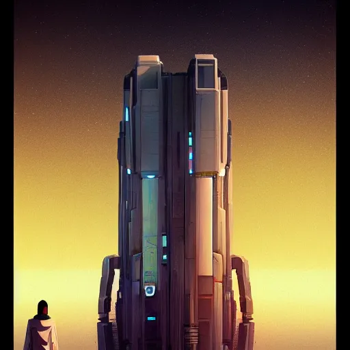 Image similar to a couple of people standing in front of a tall building, cyberpunk art by christopher balaskas, trending on artstation, space art, dystopian art, sci - fi, futuristic