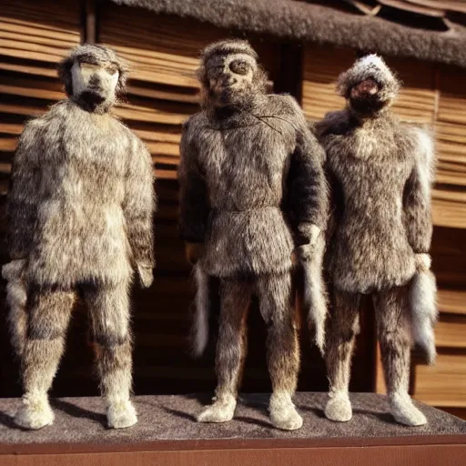 Prompt: group of five looming figures with fur skins, they create a dark court yard of a small house