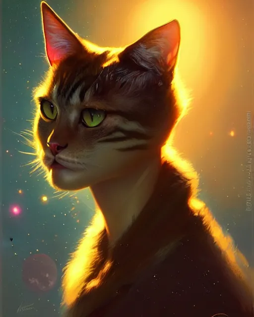 Image similar to a potrait of a space cat, fine details. night setting. realistic shaded lighting poster by ilya kuvshinov katsuhiro, artgerm, jeremy lipkin and michael garmash, unreal engine, radiant light, detailed and intricate environment