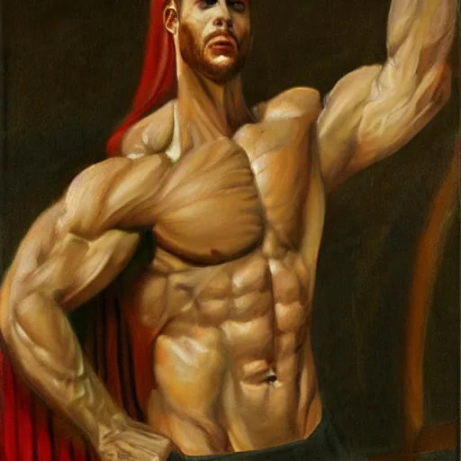 Image similar to a hot muscular cambian demon man in a great hall, portrait, realistic painting