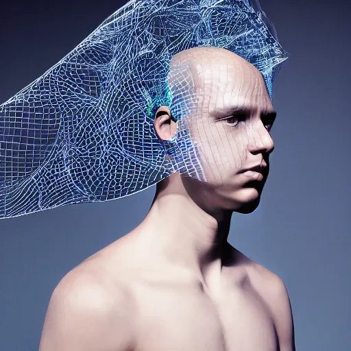 Prompt: a portrait of the most beautiful young men wearing a translucide iridiscent veil designed by iris van herpen, photographed by erwin olaf