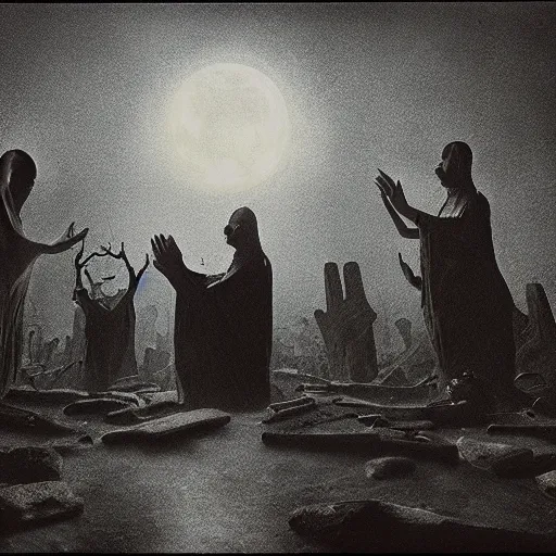 Prompt: evil baptism, ritual, in the middle of a graveyard, full moon, sorcery, wild agony, award - winning, dangerous, scary, 1 8 year limit, oscar, 8 k, cinematic lighting, beksinski, bradley, otherworldly, andre le notre, psychedelic, 1 9 6 0 s, ussr