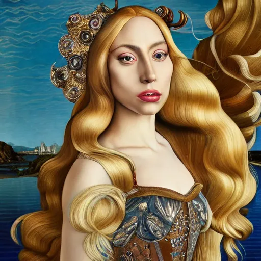 Image similar to photo realistic, hyper realism, lady gaga artpop act ii album, intricate detail, hyper detail, sandro botticelli style, with honey light brown rapunzel hair, detailed, masterpiece, sharp focus,