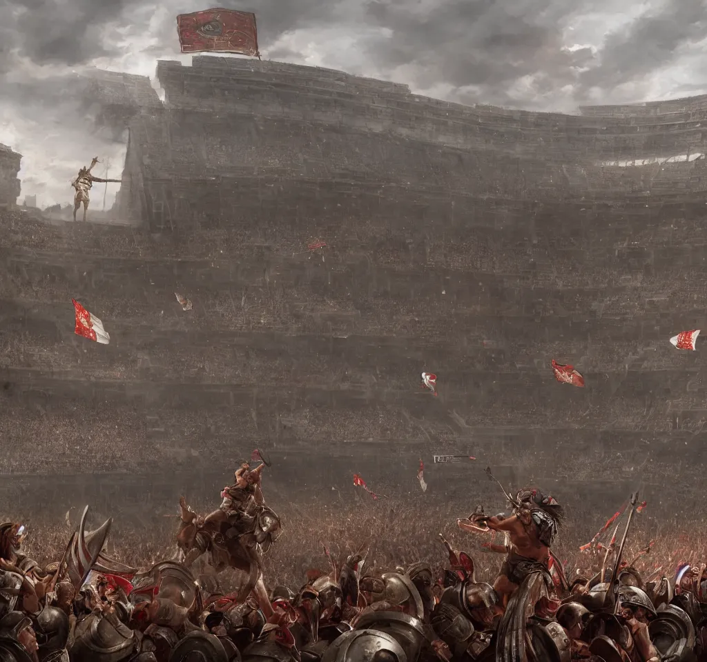 Prompt: Roman Gladiator at battle in a giant coliseum filled with cheering fans, wide angle shot, Flags on pillars , cinematic lightning, medium shot, mid-shot, highly detailed, trending on artstation, Unreal Engine 4k, cinematic, very highly Detailed, digital, HDR, Kodak Ektar, wide-angle lens, 3D concept art by Greg Rutkowski, Gary Houston, Stephan Martiniere and Alexander Fedosav