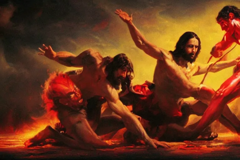 Prompt: hyperrealistic photo of Jesus Christ pummeling red-skinned Satan devil Lucifer in the face on the floor to a pulp, 8k cinematic, epic fight scene, stunning composition, DSLR focus on the subjects