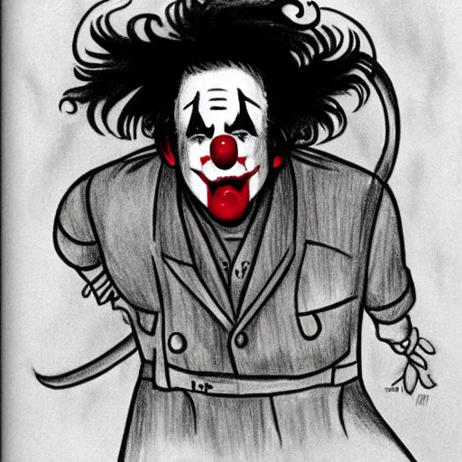 Image similar to 3 0 s drawing style, horror, it clown, leatherface, nightmare