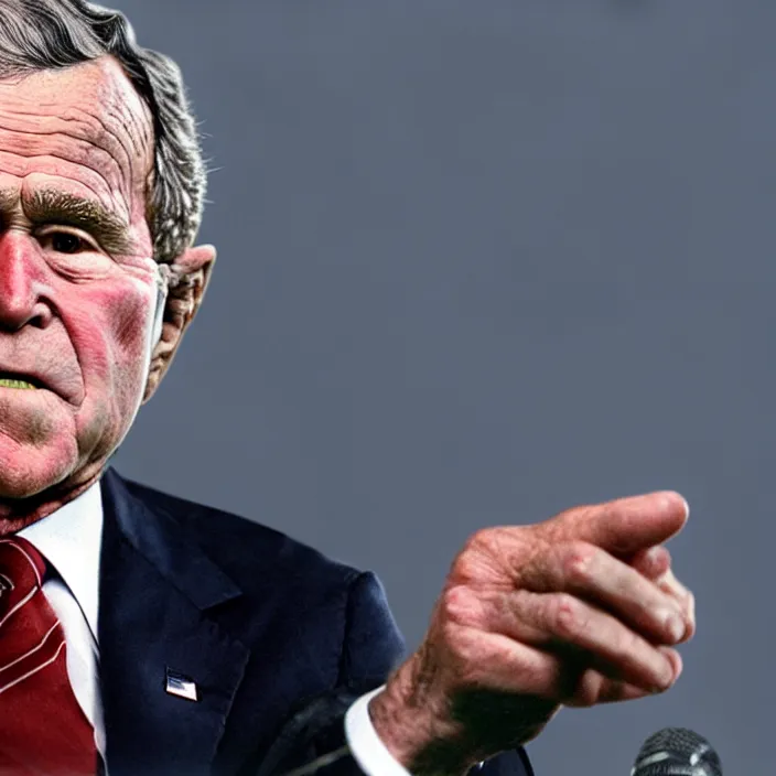 Prompt: hyper realistic, high detail photo of george bush, speech bubble saying nucular weapons of mass destruction, beautiful, dreary lighting