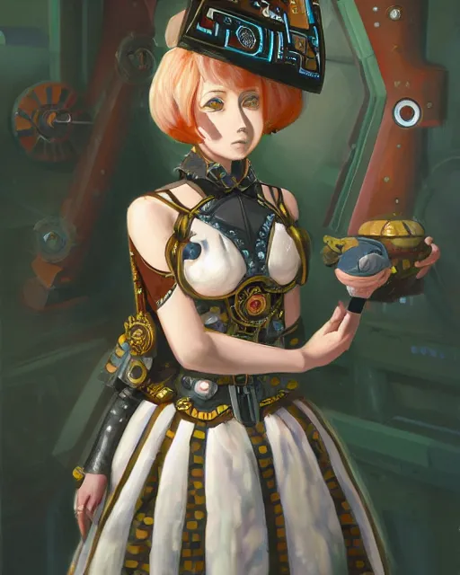 Image similar to scifi pricess of the highlands, wearing a lovely dress with clockwork - like details. this oil painting by the award - winning mangaka has an interesting color scheme and impeccable lighting.