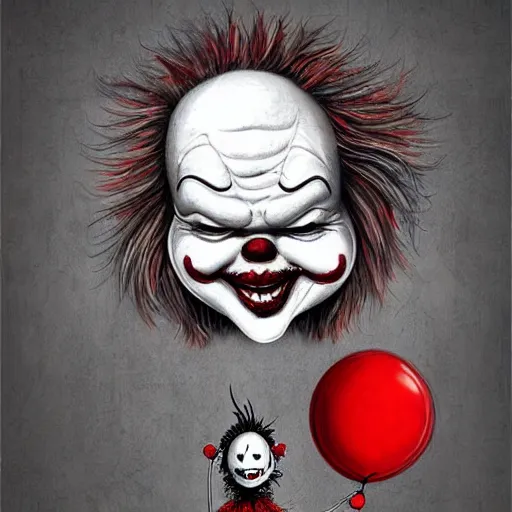 Image similar to surrealism grunge cartoon portrait sketch of a scarecrow with a wide smile and a red balloon by - michael karcz, loony toons style, pennywise style, horror theme, detailed, elegant, intricate