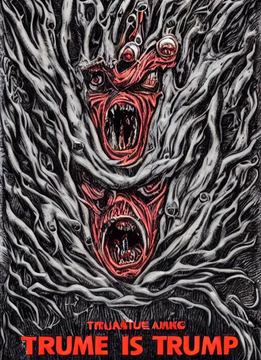 Image similar to Donald Trump's true form on a 1990s body horror movie poster, inking, vintage 90s print, detailed, scary, horror, screen print, trending on artstation