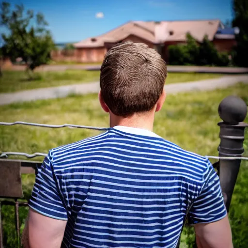 Image similar to Young man standing looking to the right in a red bandana, blue striped shirt, gray vest and a gun with a partly cloudy sky in the background. The young man is standing in front of an iron fence. Photograph. Real life