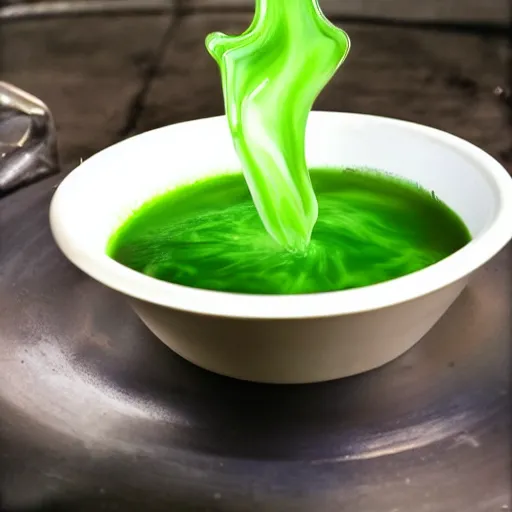 Image similar to brewing violent bubbling green fluid universe soup, green steam rising from soup