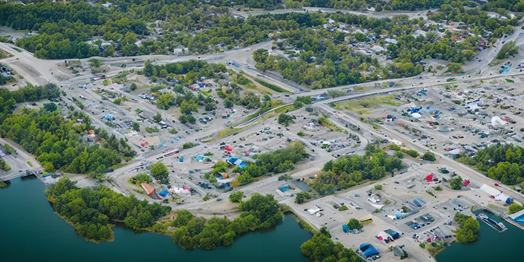 Prompt: bird's eye view of a small city, trailer park, a road, bridge, and inlet with docking area. town hall. photography