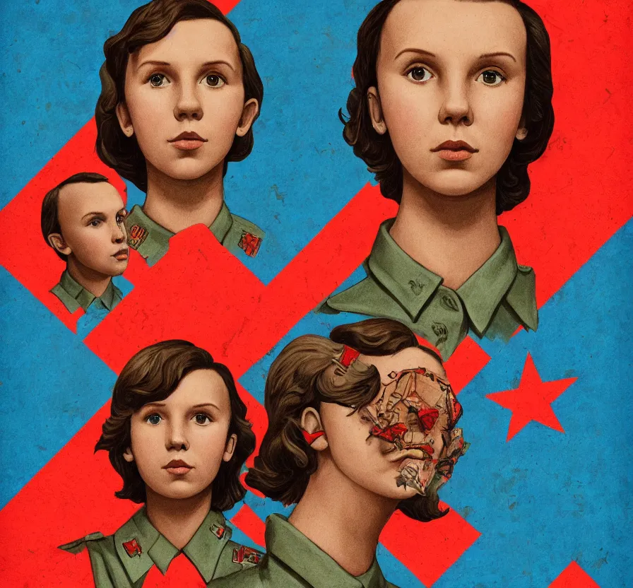 Prompt: millie bobby brown, propaganda, poster, revolution, communist, high detail, year 1 9 4 4, russian letters, lenin, trending on artstation, illustration, by maria zolotukhina