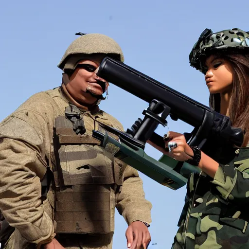 Prompt: zendaya in combat gear firing mortar launcher