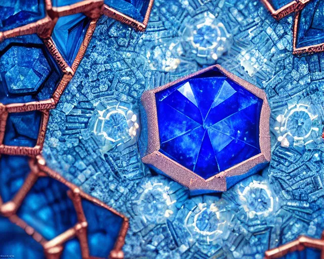 Image similar to beautiful photograph of a diamond filled with intricate cork carvings and copper veins, blue translucent resin, bioluminescent, ultra realistic, ultra detailed, masterpiece, 8 k octane render, ambient diffusion, subsurface scattering, trending on artstation, cgstudio