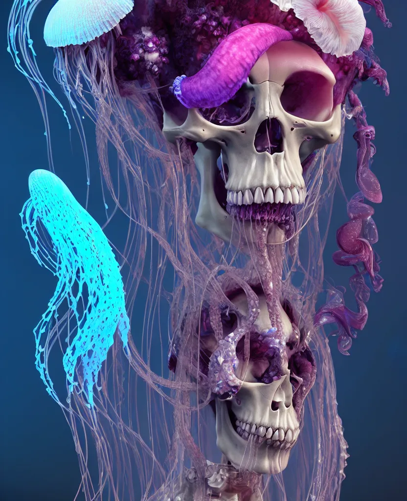 Image similar to goddess close - up portrait human skeleton, ram skull, jellyfish, orchid, betta fish, bioluminiscent, intricate artwork by tooth wu and wlop and beeple. octane render, trending on artstation, greg rutkowski very coherent symmetrical artwork. cinematic, hyper realism, high detail, octane render, 8 k