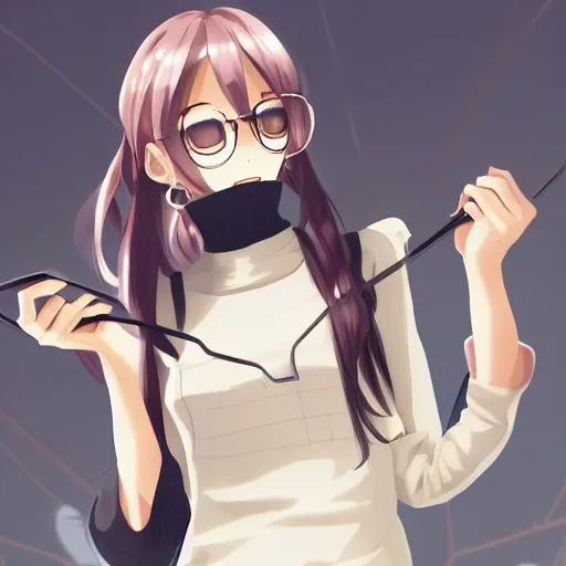 Prompt: adorable cute demure anime librarian wearing woolen sleeveless turtleneck. glasses girl. view from above. boyfriend angle. hd upscaled pixiv. sharp focus. trending image.