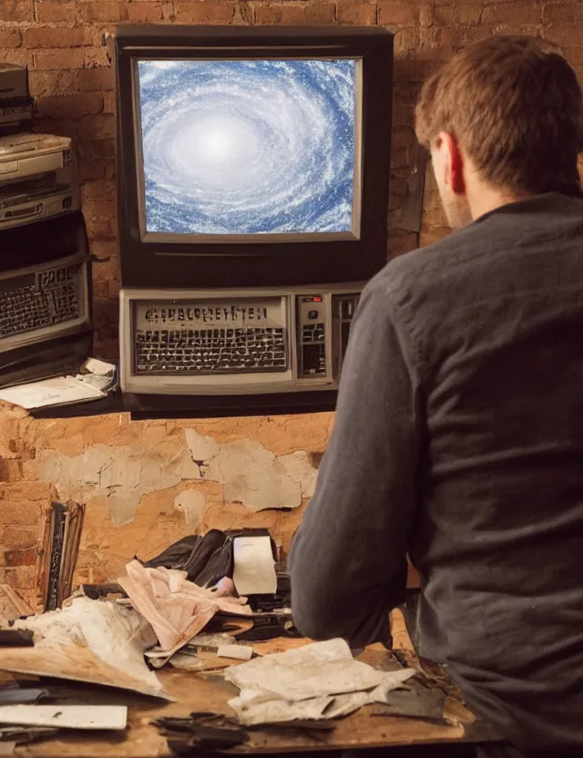 Image similar to a high resolution photo of a sad man watching the end of the universe live stream playing on a vintage computer screen, earthquake, debris