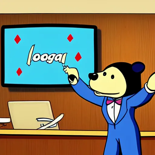 Image similar to detailed background courtroom sketch of vintage cartoon network character yogi gambling bear presenting evidence of copyright that he is satoshi nakamoto