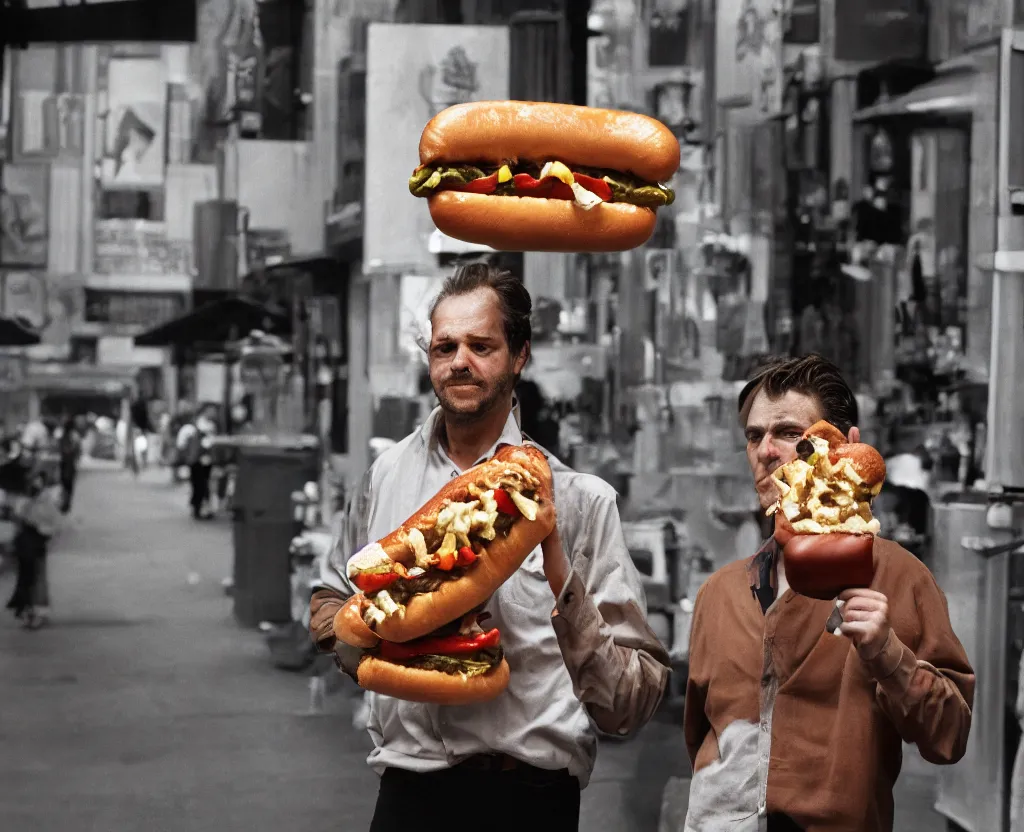 Image similar to closeup portrait of a man carrying a giant hotdog, smoky new york back street, by Annie Leibovitz and Steve McCurry, natural light, detailed face, CANON Eos C300, ƒ1.8, 35mm, 8K, medium-format print