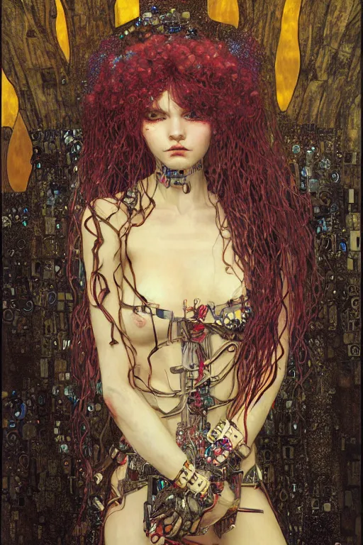 Image similar to beautiful young gothic maiden, cyberpunk, highly detailed, artstation, illustration, art by Gustav Klimt