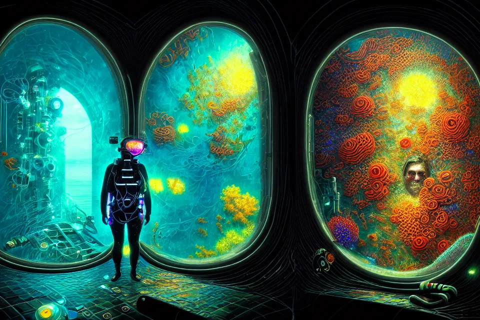 Prompt: detailed portrait of a cyberpunk scuba diver inside a dmt portal, cinematic lighting, corals, inception, 8 k high resolution, by james r eads and tomasz alen kopera