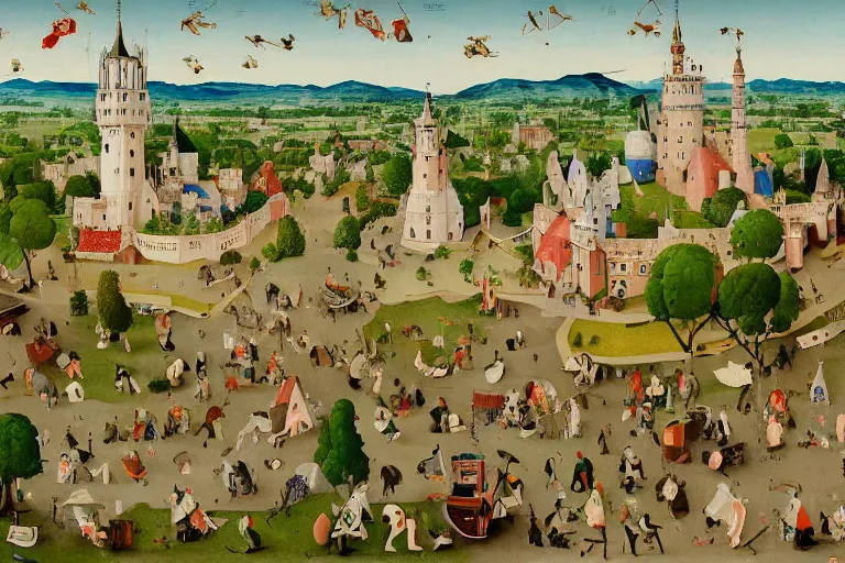 Image similar to an elaborate and dense low angle painting of a peaceful neighborhood, detailed, made of alcohol ink on parchment and penned illustrations, by wes anderson and hieronymus bosch and geoff darrow