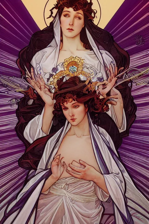 Image similar to the immaculate conception, by artgerm and moebius and alphonse mucha, hyperdetailed, dc comics, explosions in the sky, trending on artstation