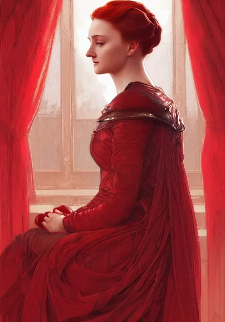 Prompt: sansa stark in red, intricate, elegant, highly detailed, digital painting, artstation, concept art, smooth, sharp focus, illustration, art by artgerm and greg rutkowski and alphonse mucha and william - adolphe bouguereau