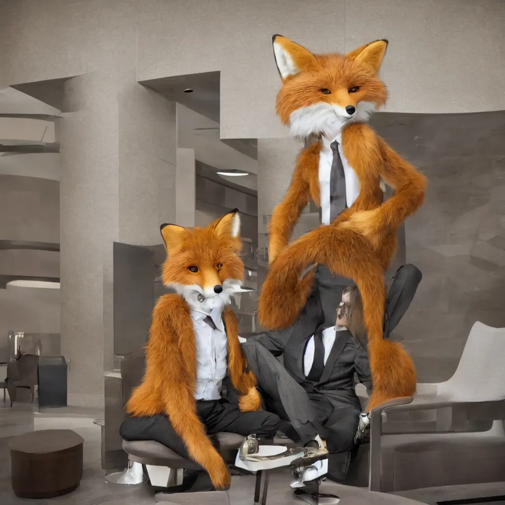 Image similar to anthropomorphic fox in suit sitting in the lobby of a futuristic hotel, anthro, furry